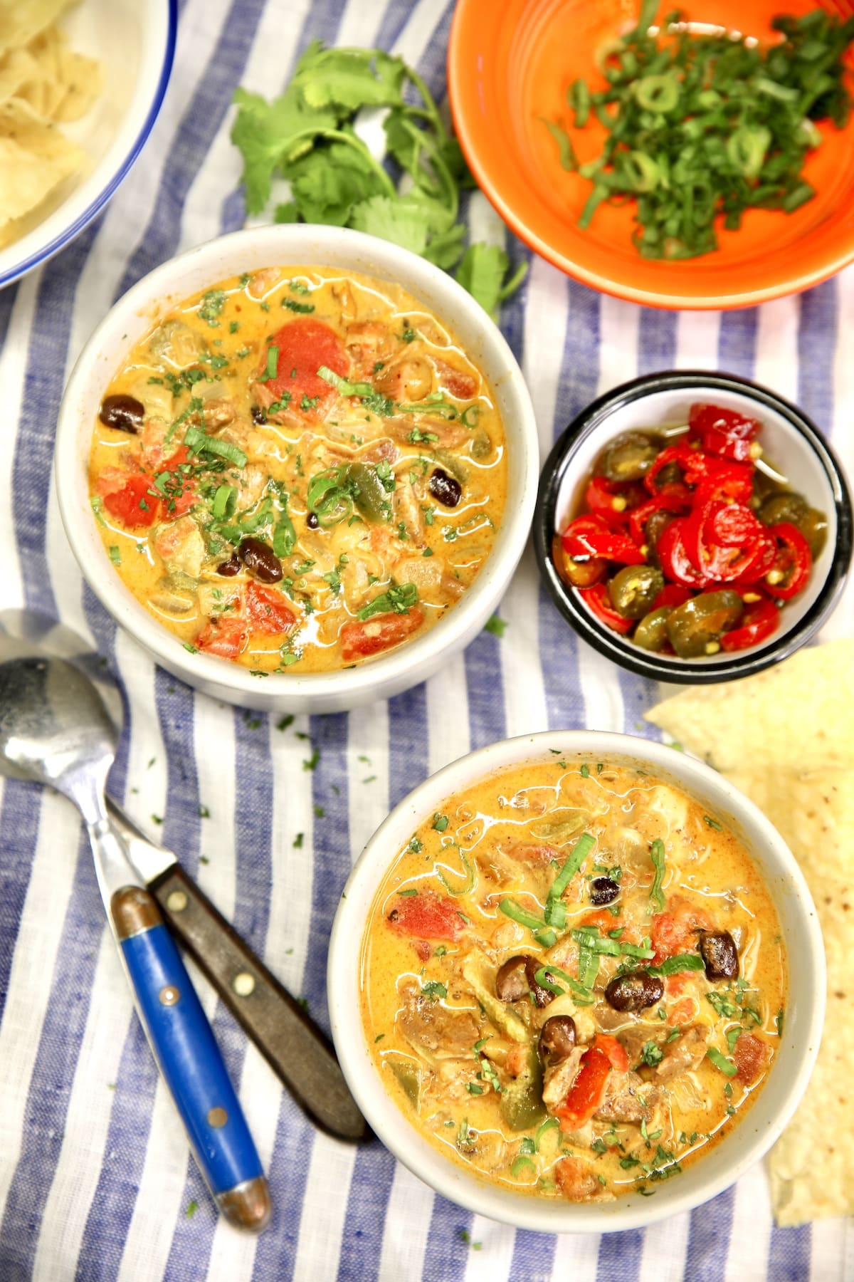 2 bowls of chicken enchilada soup, jalapenos, green onions.