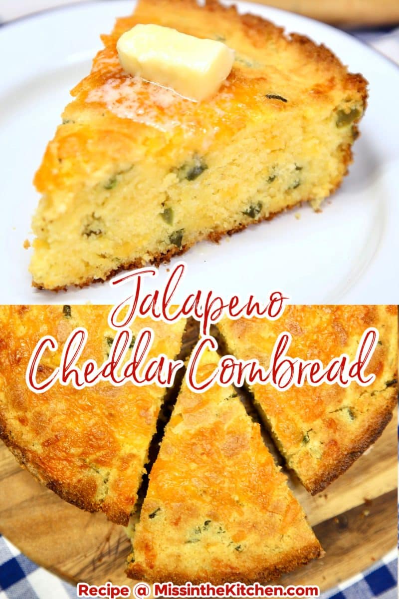 Collage of jalapeno cornbread on a plate, sliced on a board.