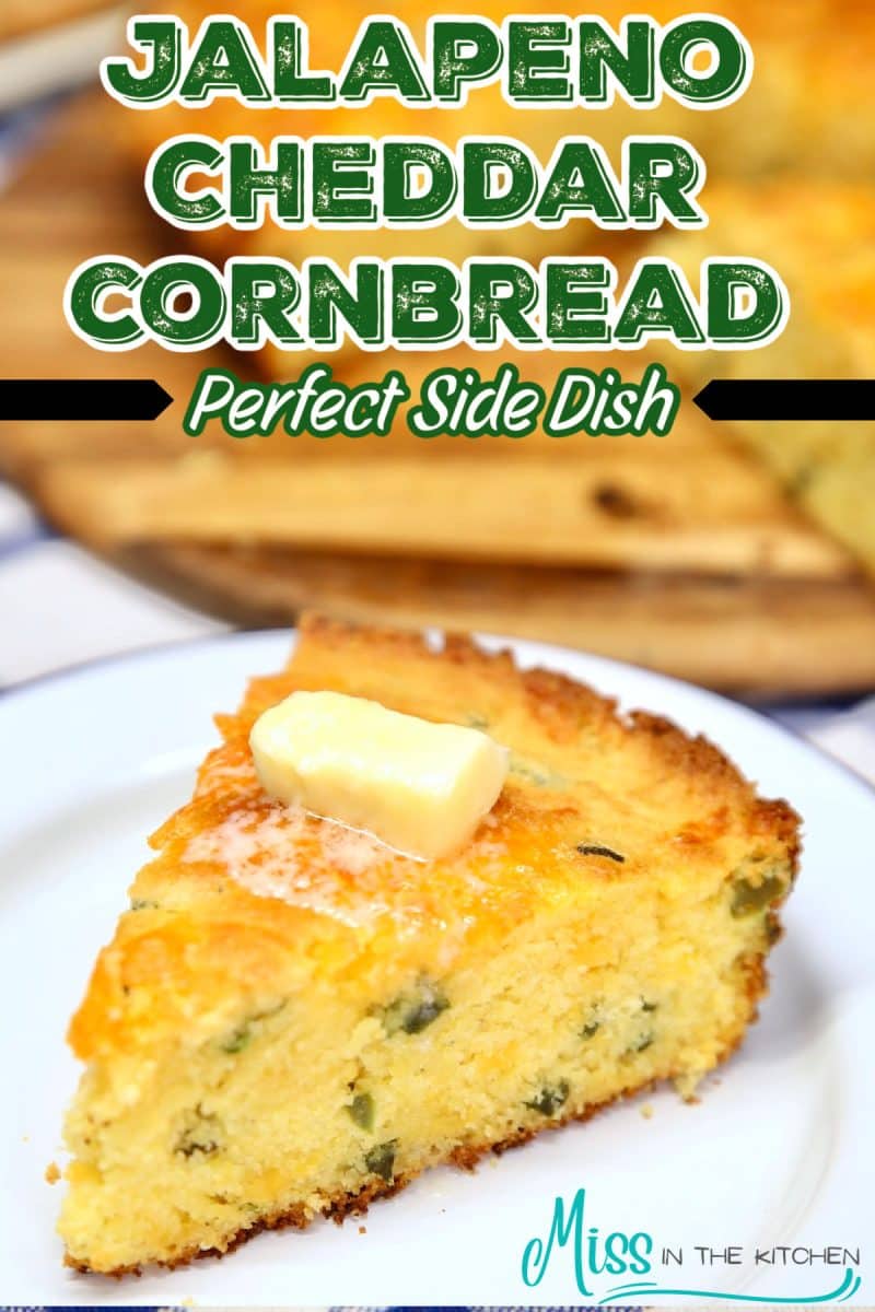 Cornbread slice on a plate with text overlay.