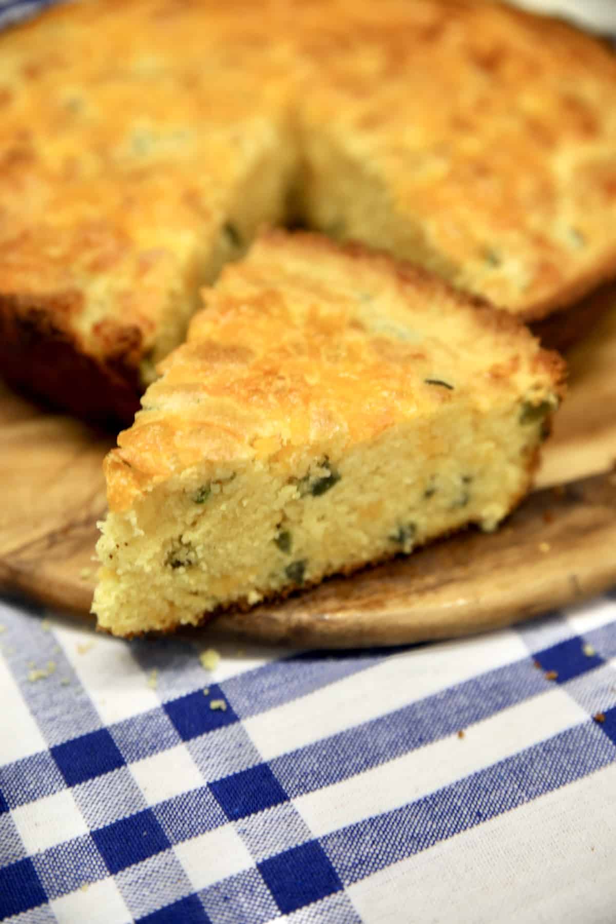 Wedge of jalapeno cheddar cornbread. 