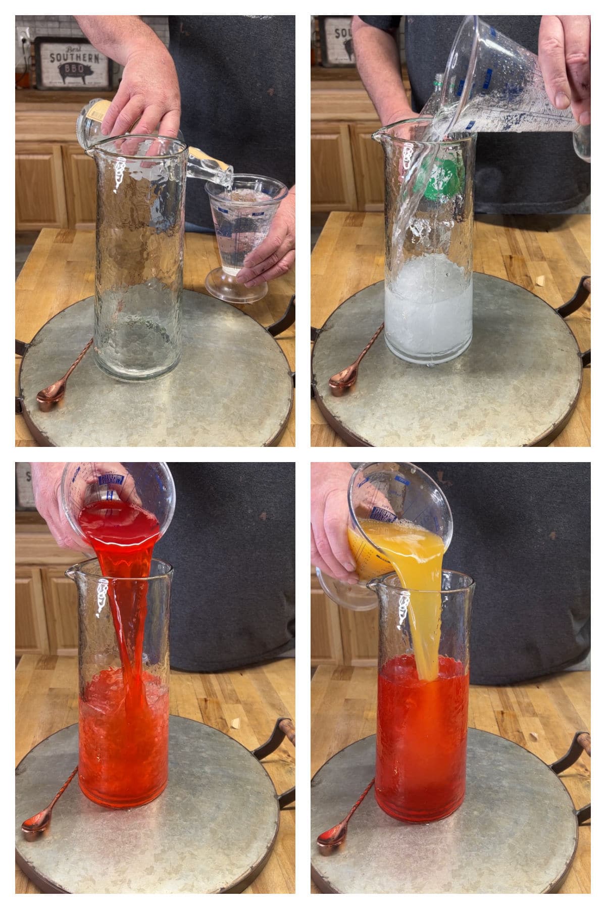 Collage making rum punch with rum, sprite, Hawaiian punch, pineapple juice.