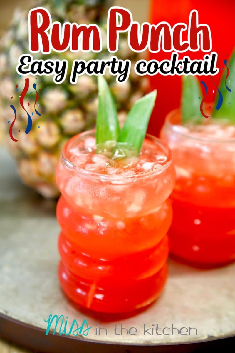 Rum Punch on a tray, text overlay.