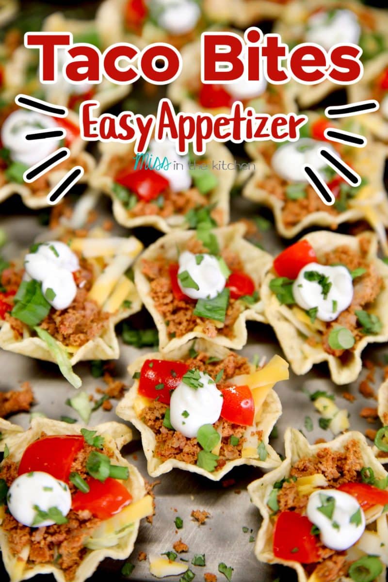 Taco bites appetizer on a platter. Text overlay.
