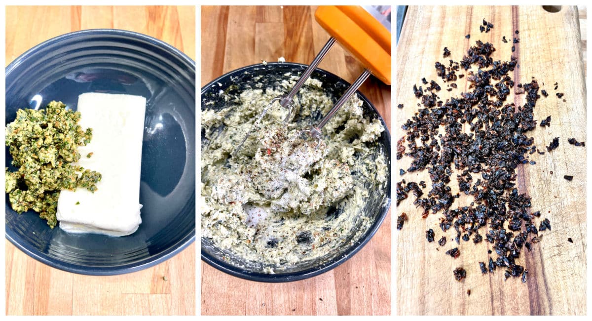 Collage making pesto cream cheese and chopped sun-dried tomatoes.