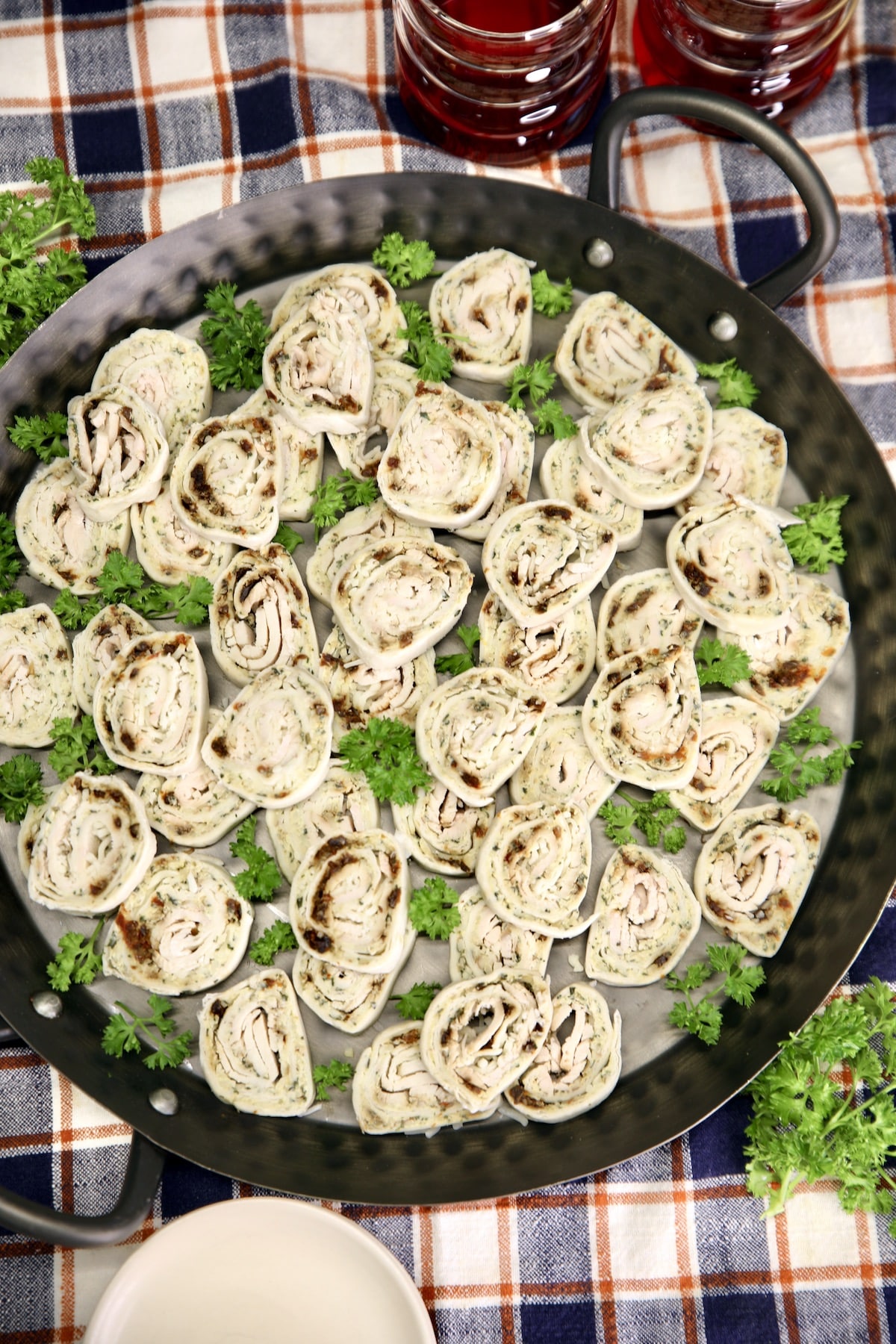 Tray of turkey pinwheels appetizers.