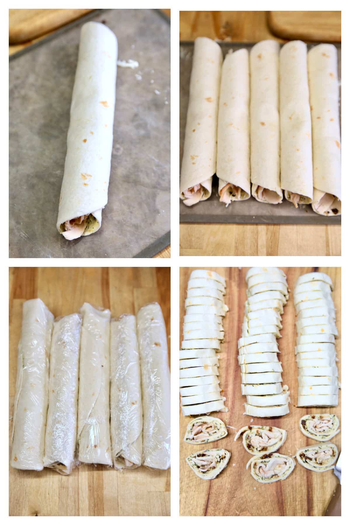 Collage of turkey pinwheels. Wrapping, slicing.