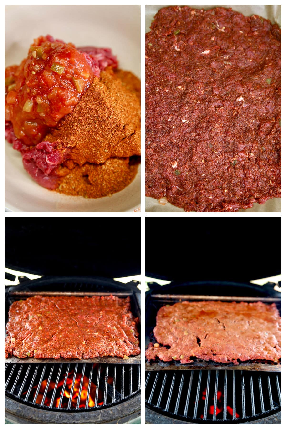 Collage- mixing ground venison with picante sauce, grilling.