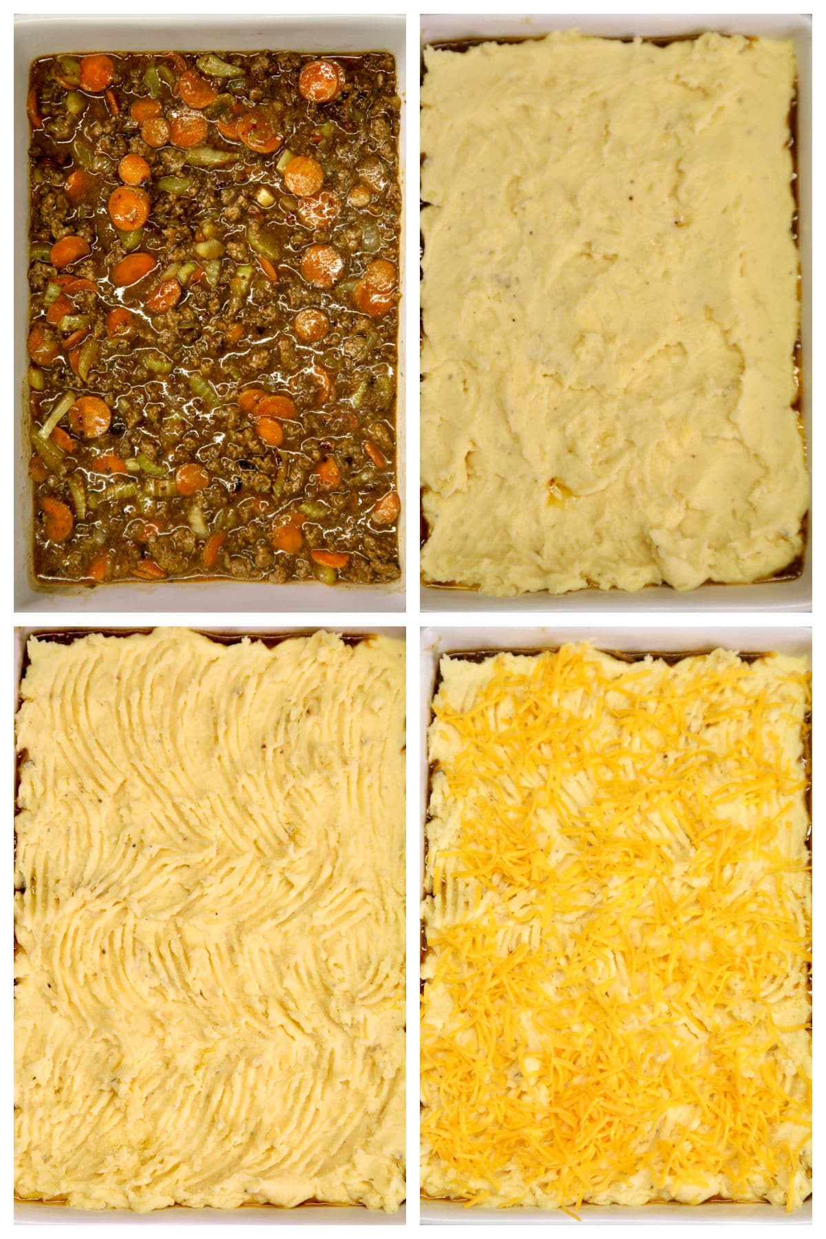Collage making cottage pie in a rectangle casserole dish.