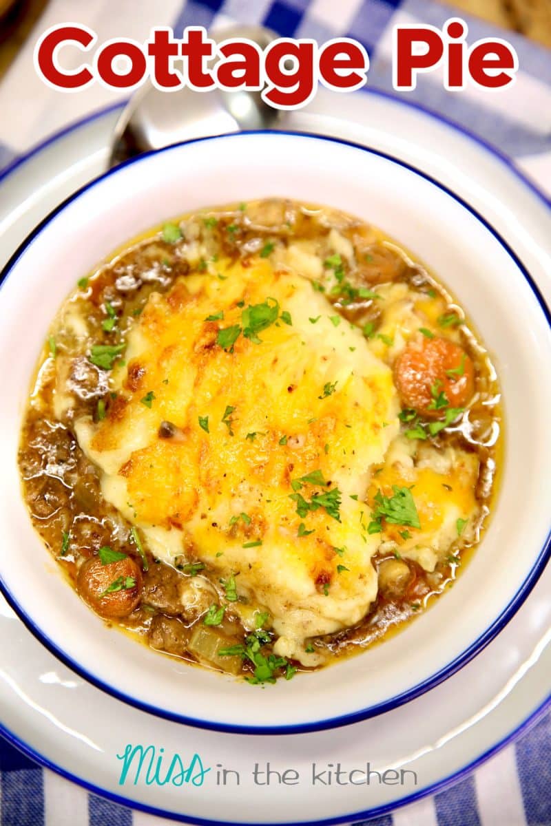 Cottage pie in a bowl, text overlay.