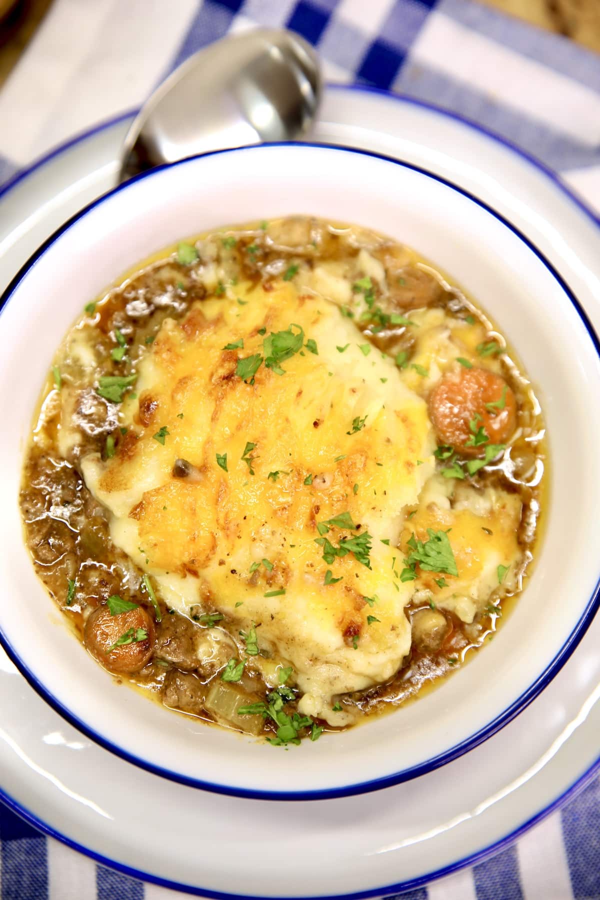 Close up of bowl of cottage pie. 