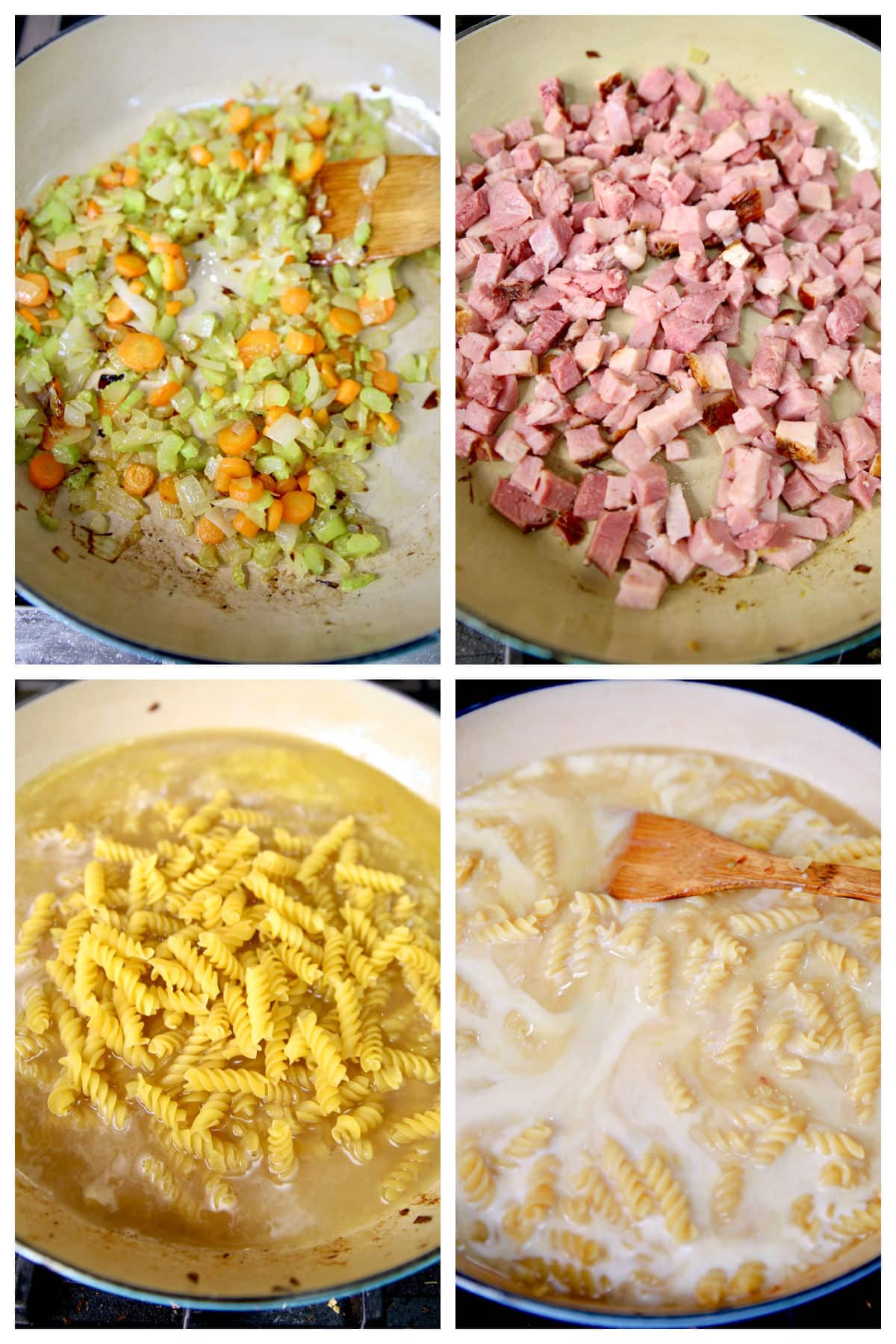 Collage cooking vegetables, ham, pasta for soup.