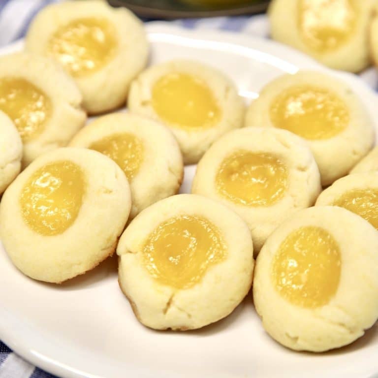 Tray of lemon thumbprint cookies.