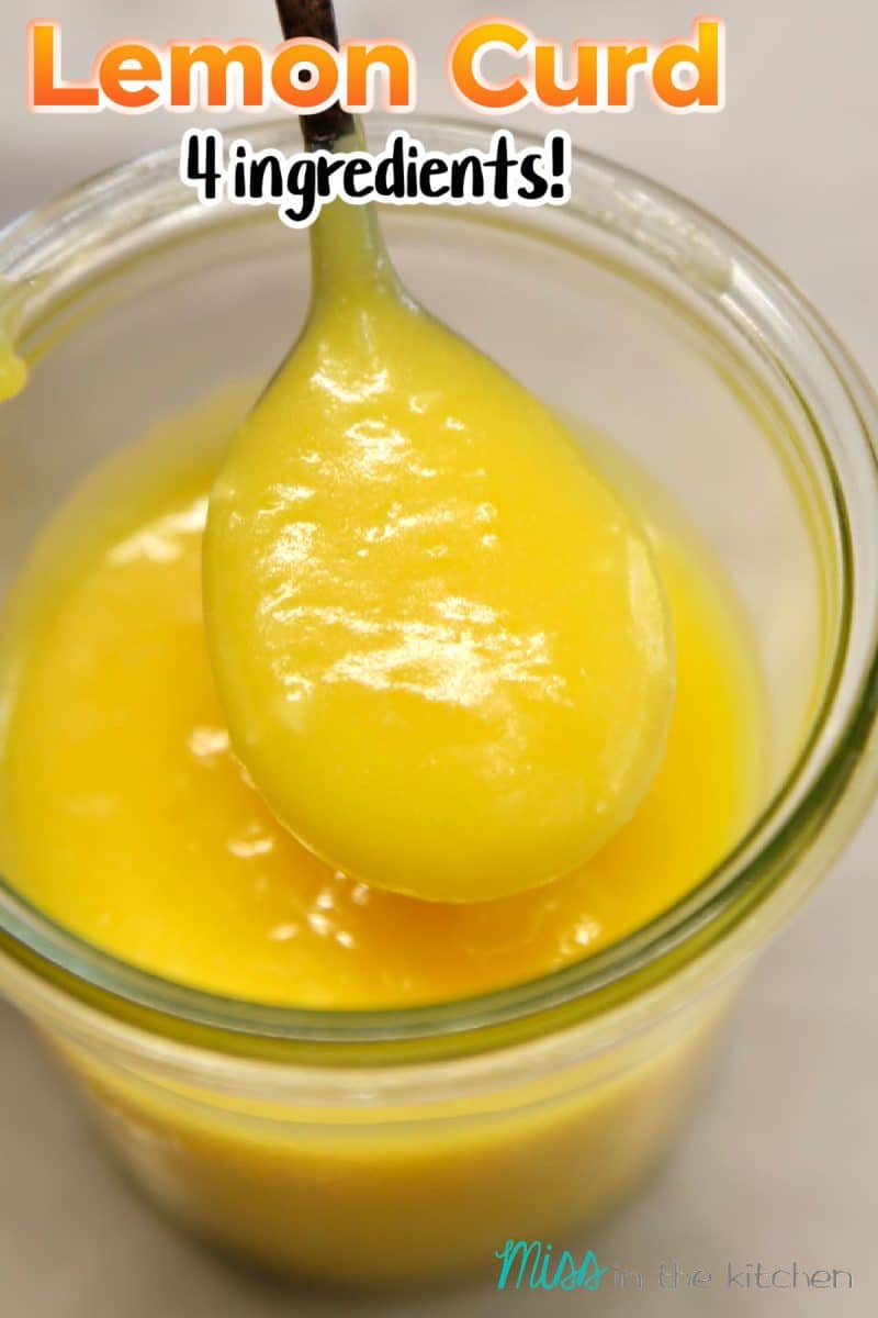 Lemon curd in a jar with spoon, text overlay.
