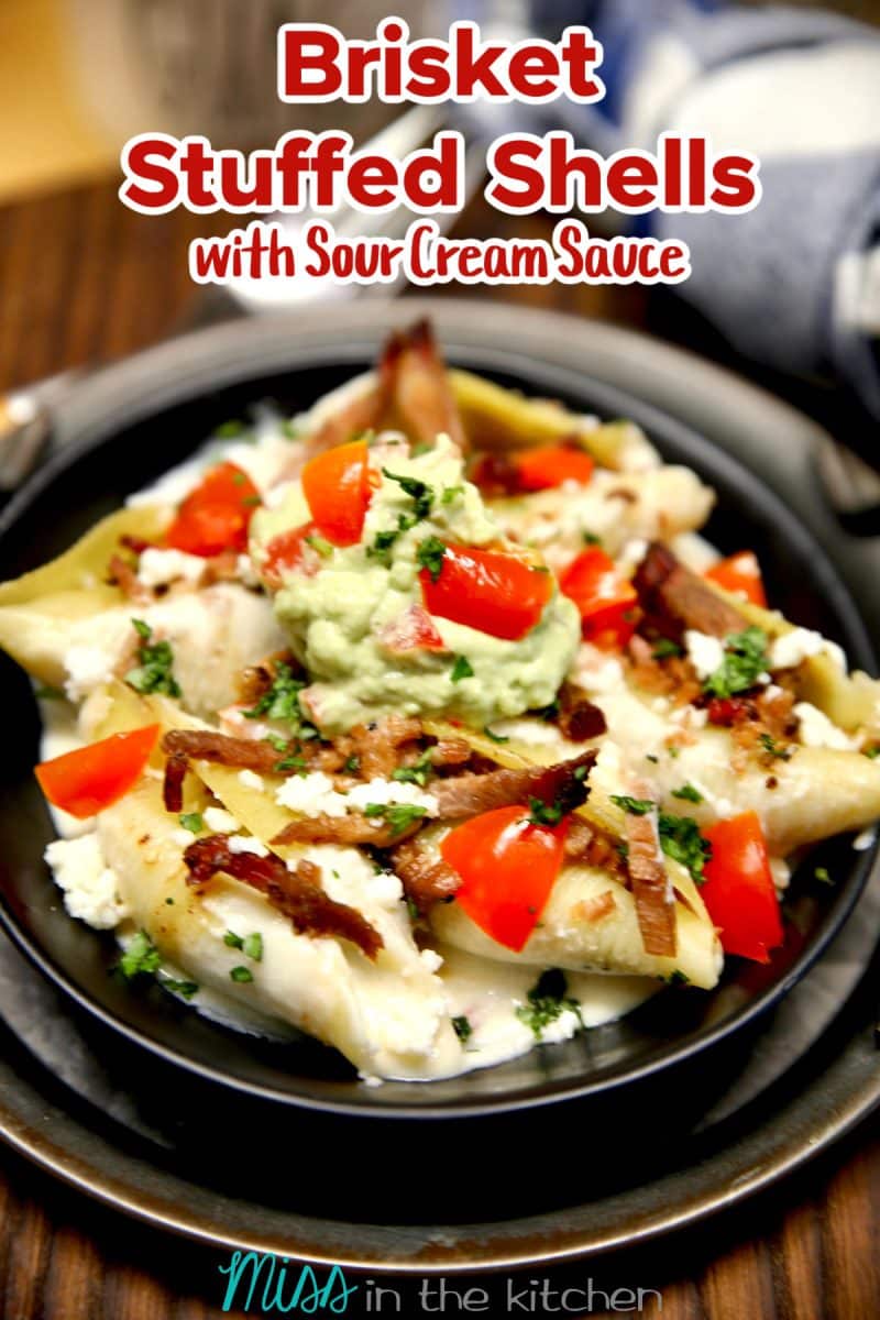 Brisket Stuffed Shells in a bowl, text overlay.