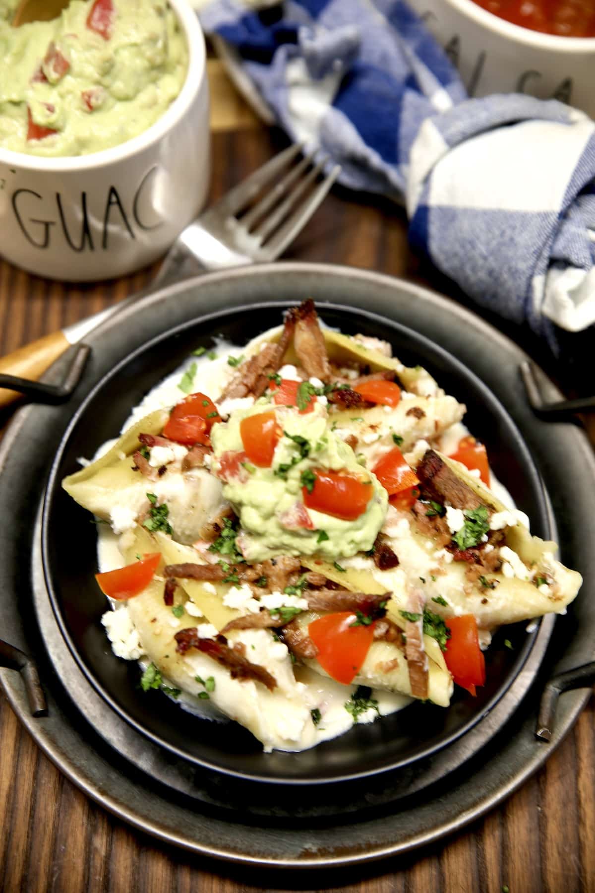 Smoked Brisket stuffed shells casserole in a bowl.