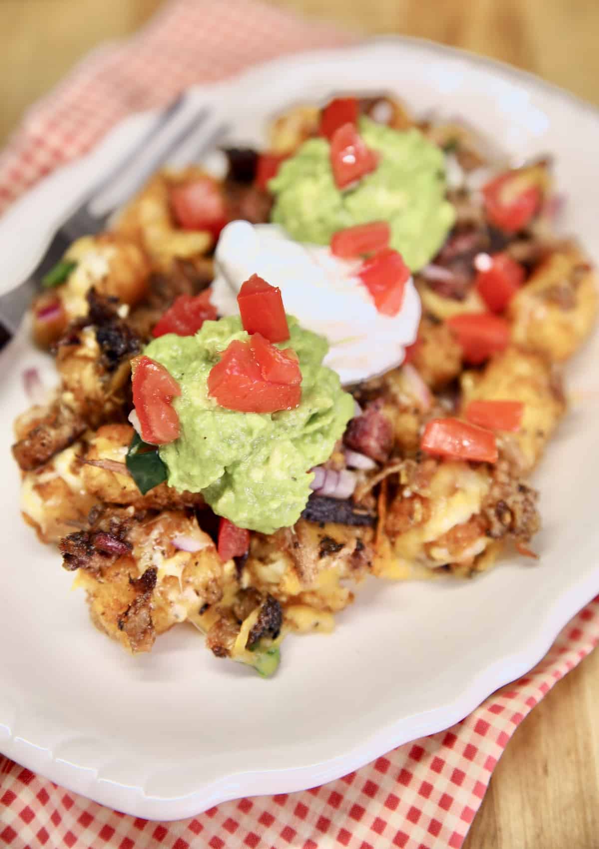 Oval plate of brisket tater tot nachos.