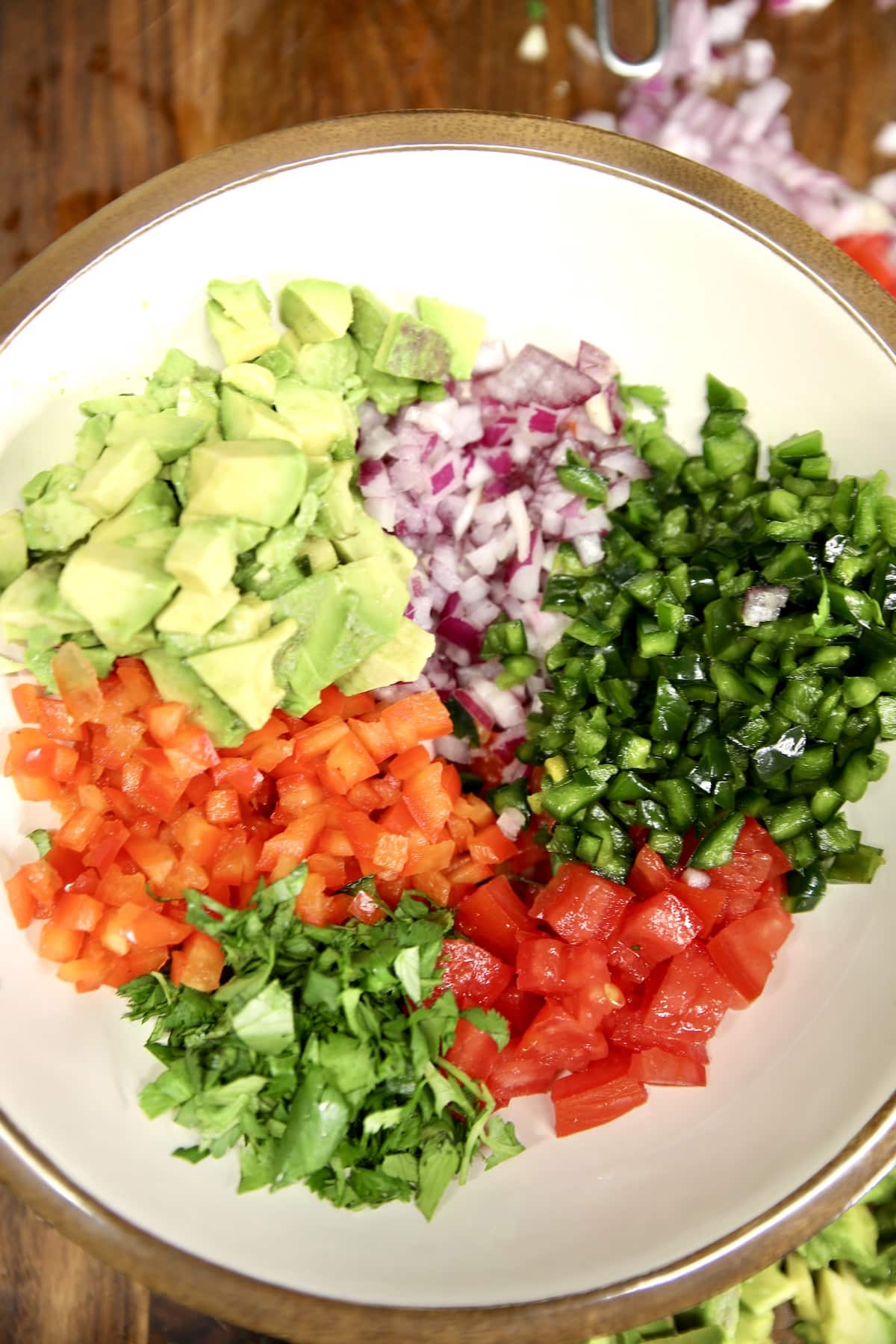Chopped avocado, onion, tomatoes and peppers in a bowl.