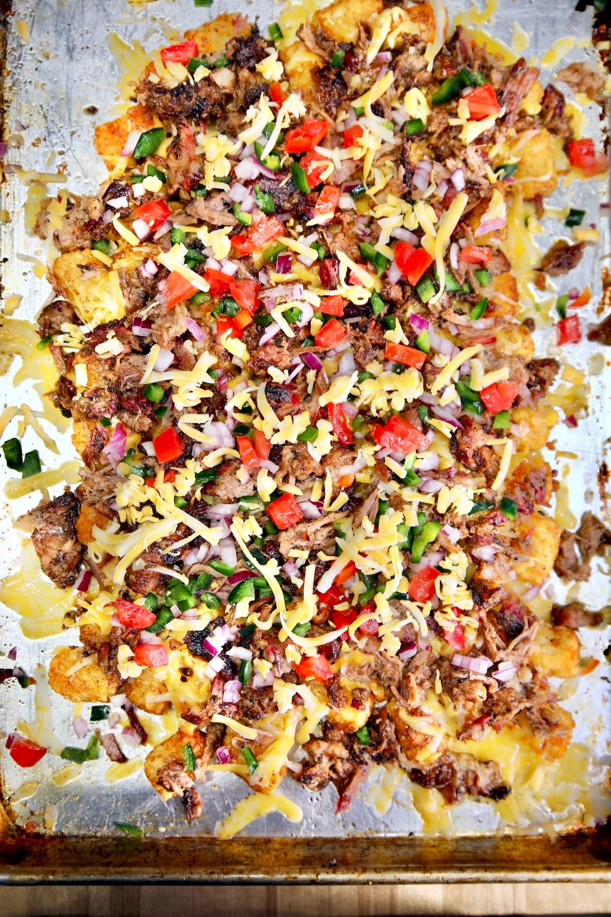Nacho tater tots with smoked brisket.