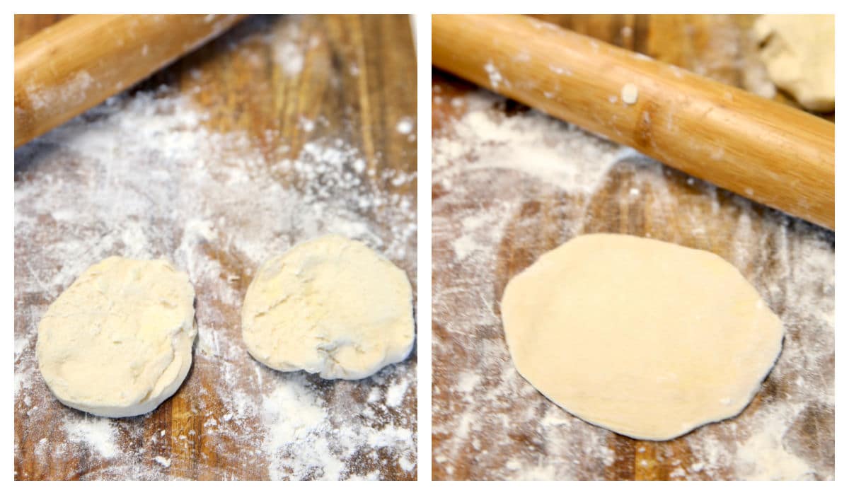 Collage rolling biscuit dough on floured board.