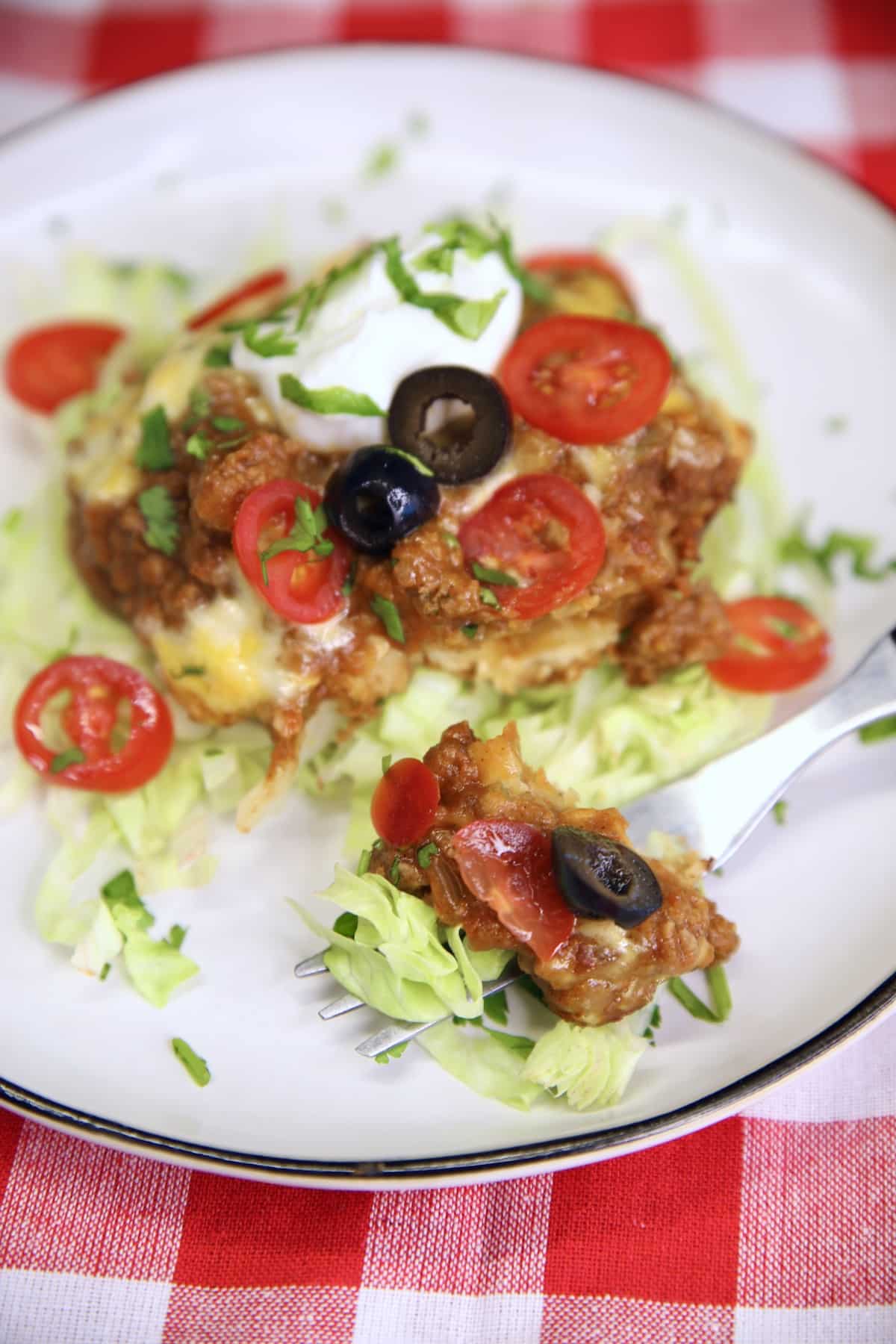 Burrito bake casserole on a plate, fork with a bite.