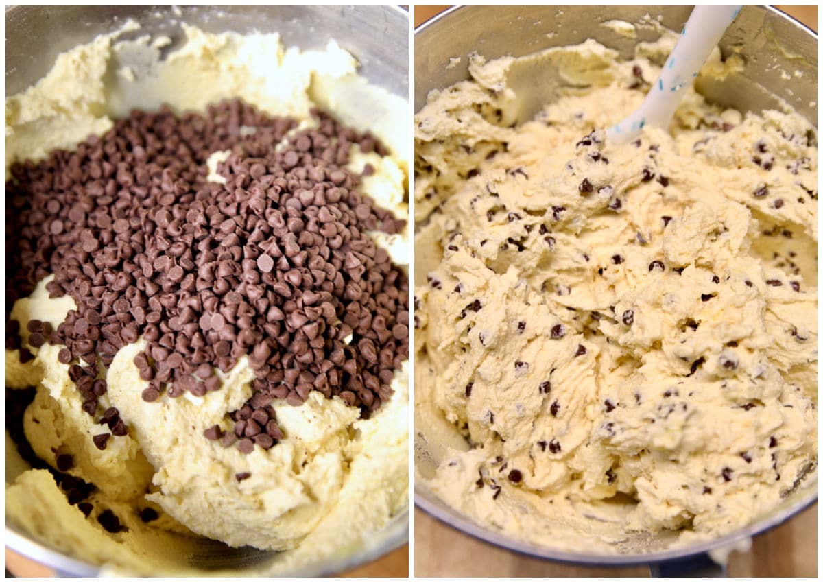 Adding chocolate chips to cookie dough/mixed.