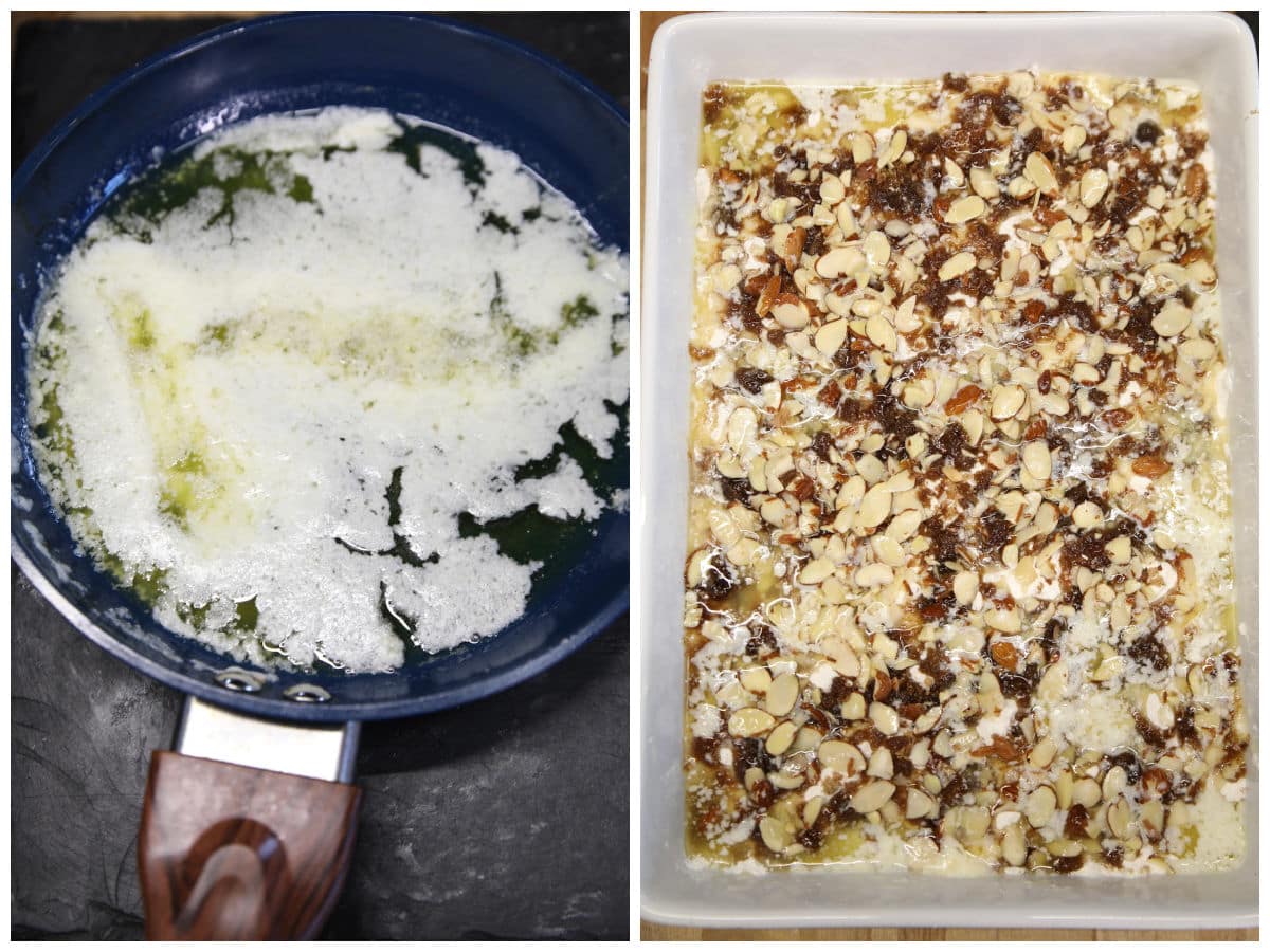 Collage of melted butter / poured over dump cake.