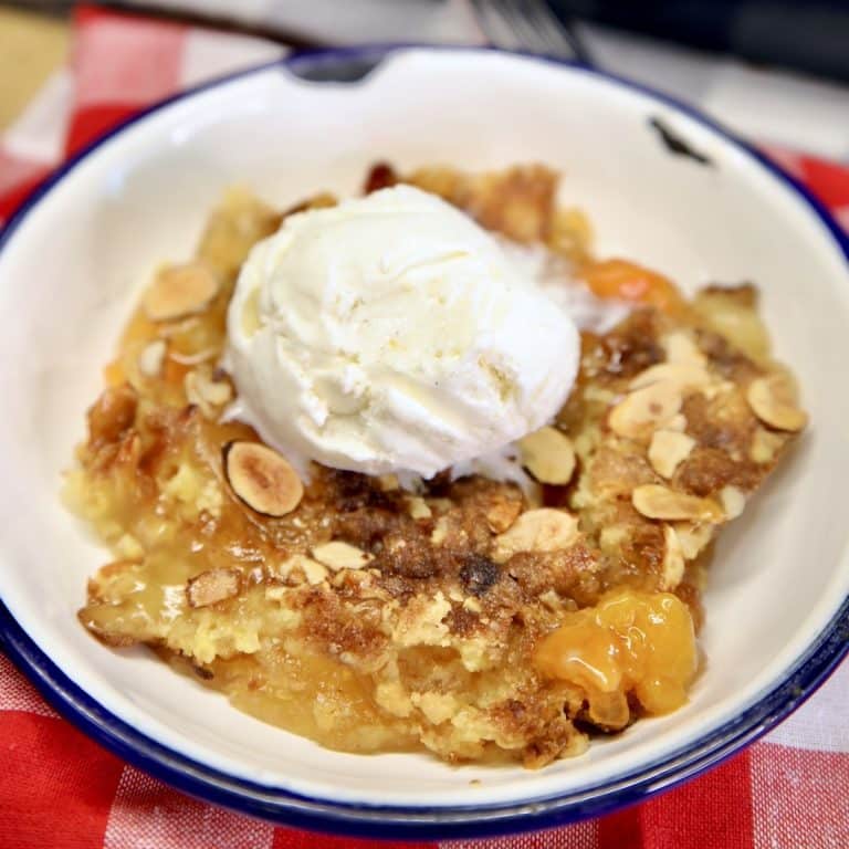 Apricot Dump Cake with vanilla ice cream.