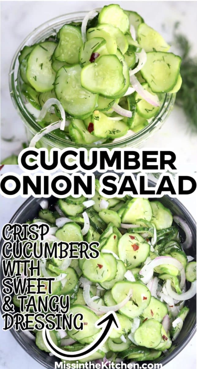 Collage: cucumber salad in a jar/bowl - text overlay.