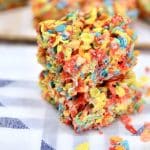 2 Fruity Pebbles treats stacked.