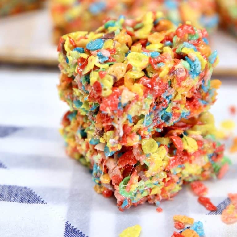 2 Fruity Pebbles treats stacked.