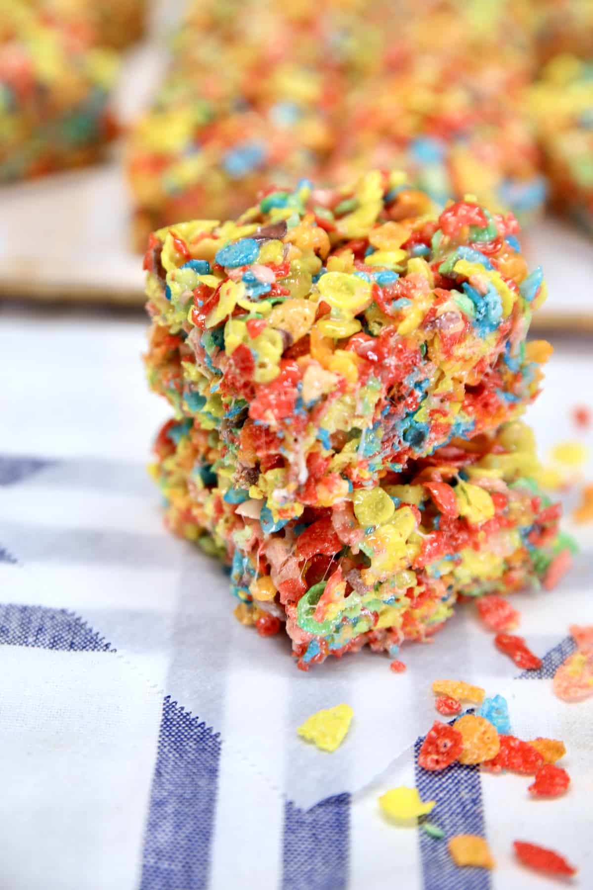 Fruity Pebbles Marshmallow Treats stacked. 