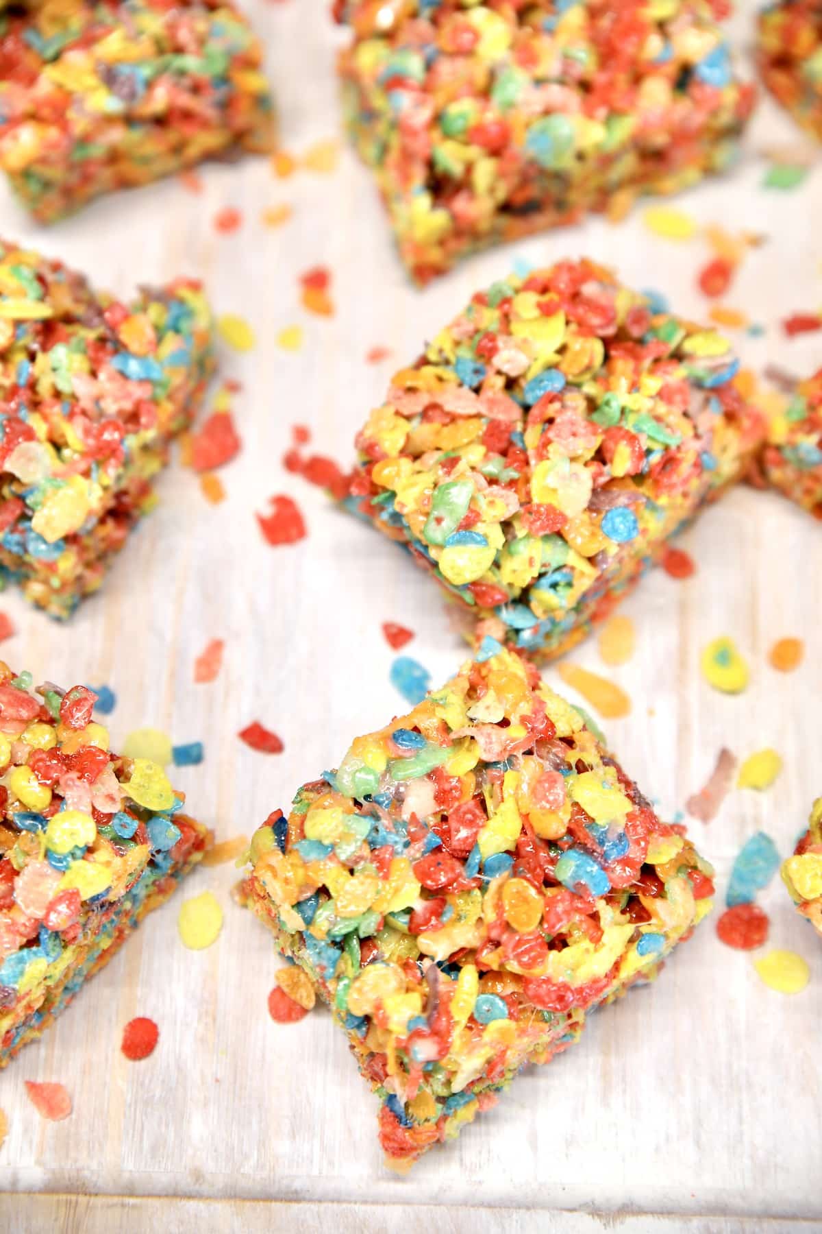 Closeup of marshmallow treats cut into squares.