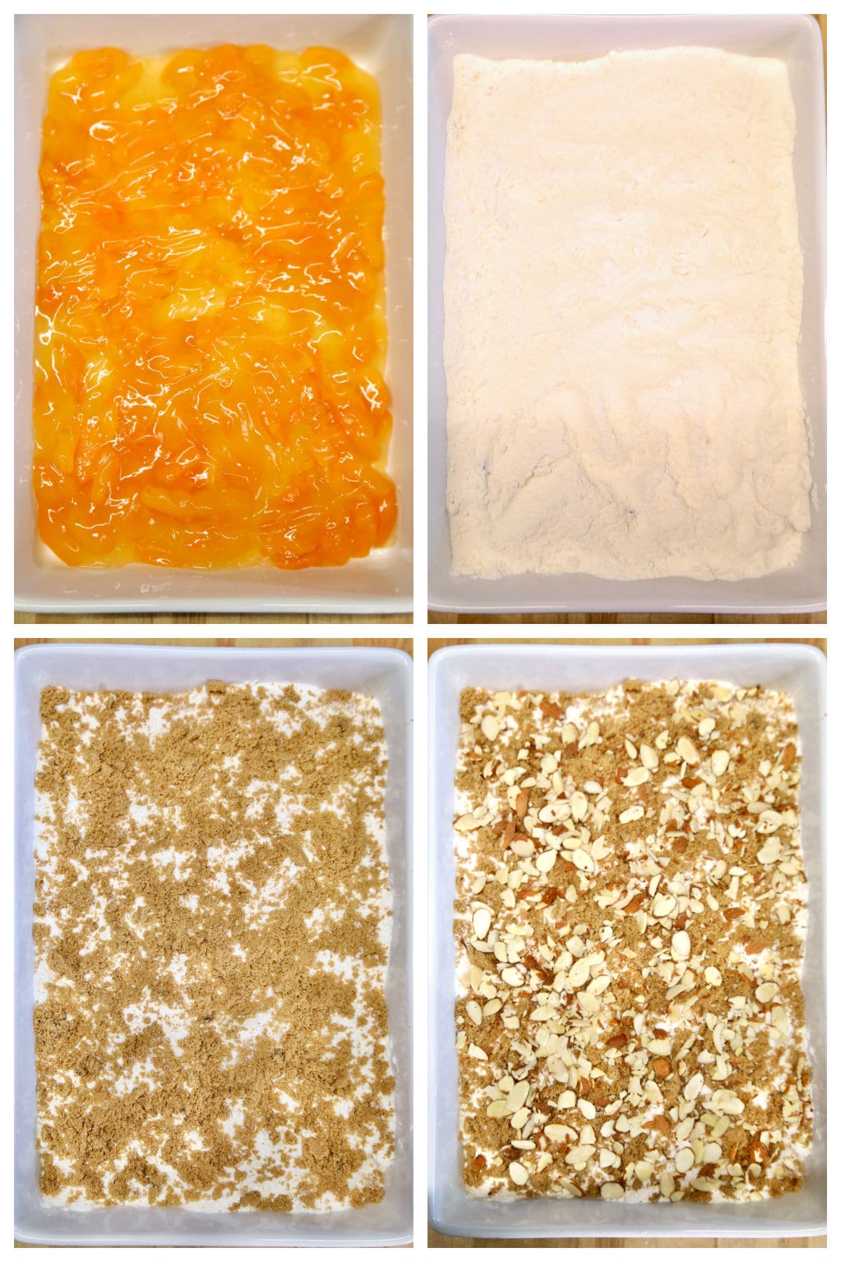 Collage making apricot dump cake with brown sugar and almonds.