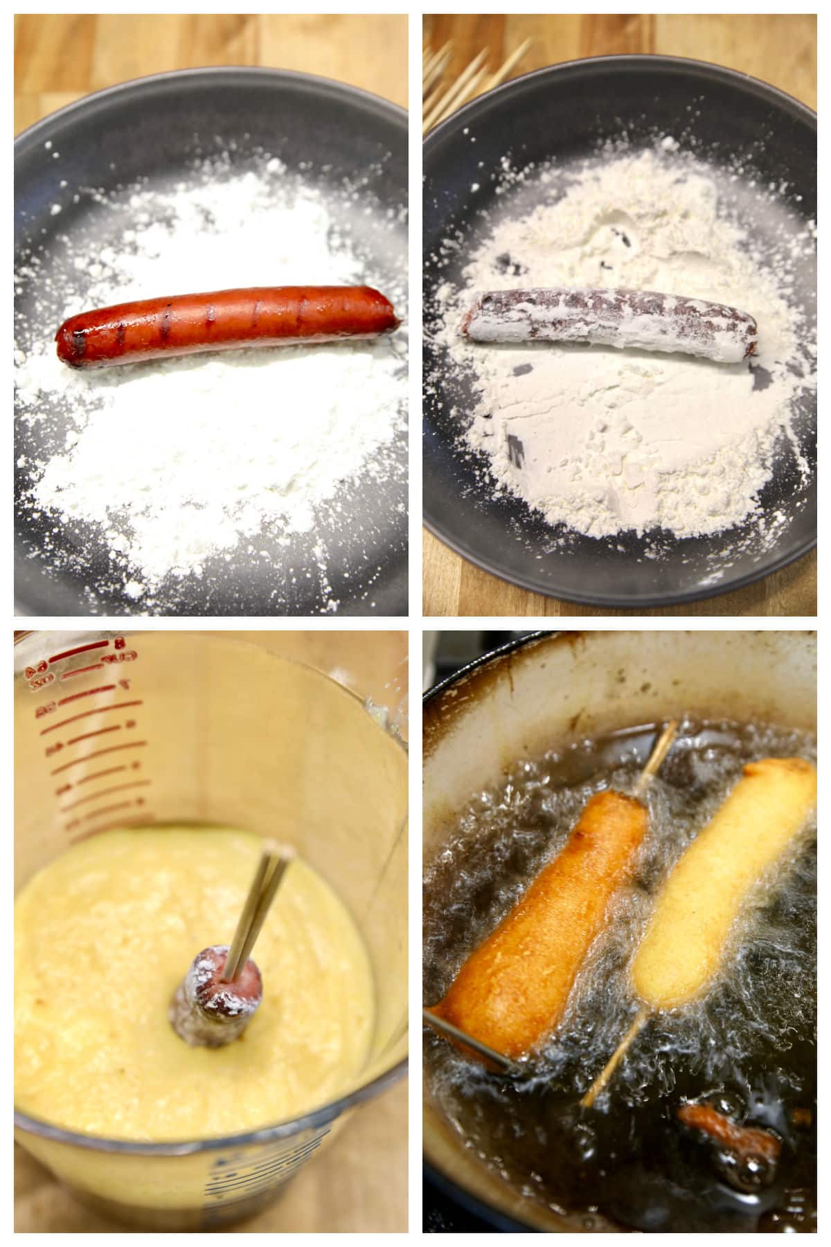 Collage battering and frying corn dogs.