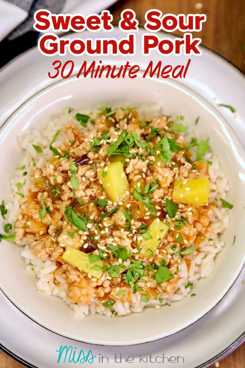 Sweet and sour pork in a bowl with text overlay.