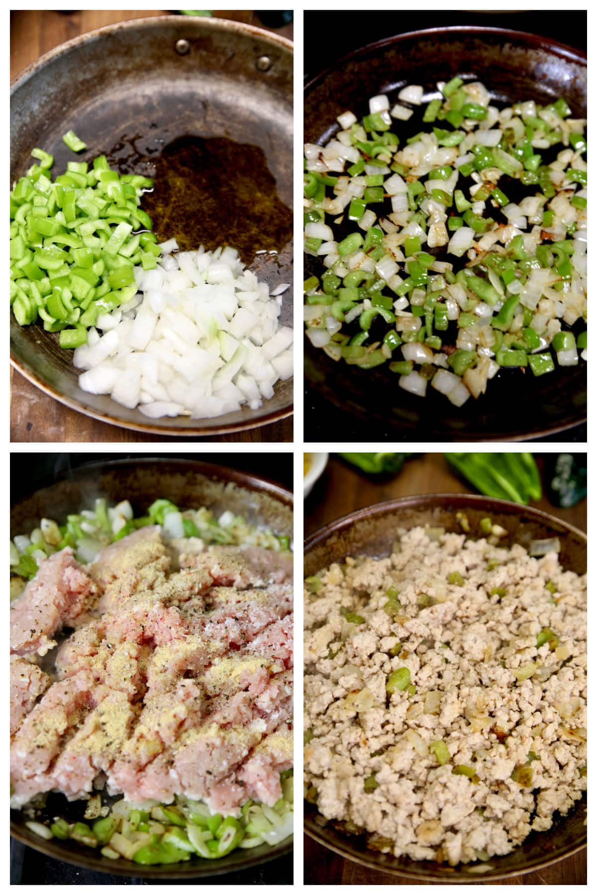 Collage cooking peppers, onions, ground pork in a skillet.