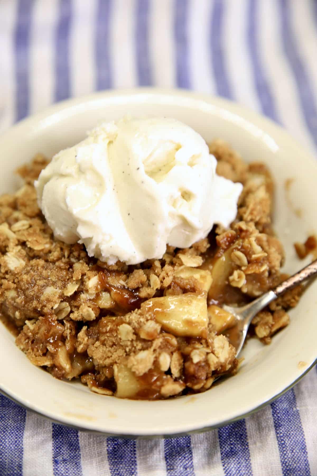 Zucchini crisp served with a scoop of vanilla ice cream.