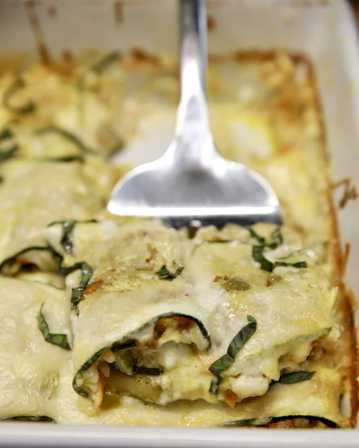 Zucchini Rice Casserole on a spatula.