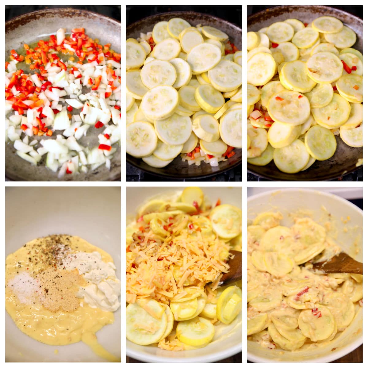 Collage cooking onions, bell peppers, sliced squash, mixing with sauce and cheese.