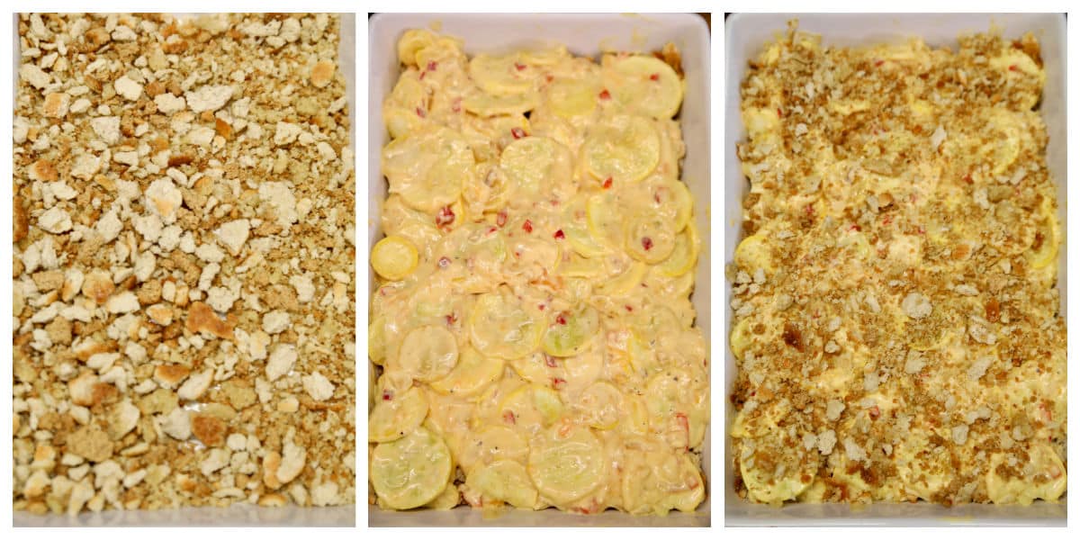 Collage making squash casserole with seasoned stuffing mix.