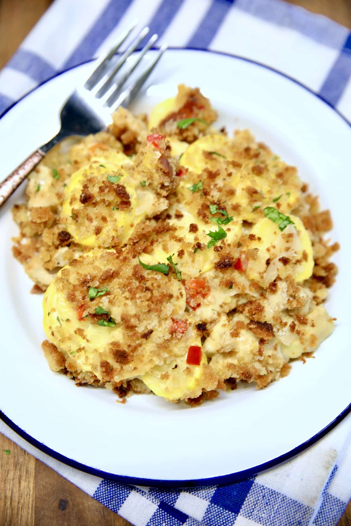 Plate of squash casserole. 