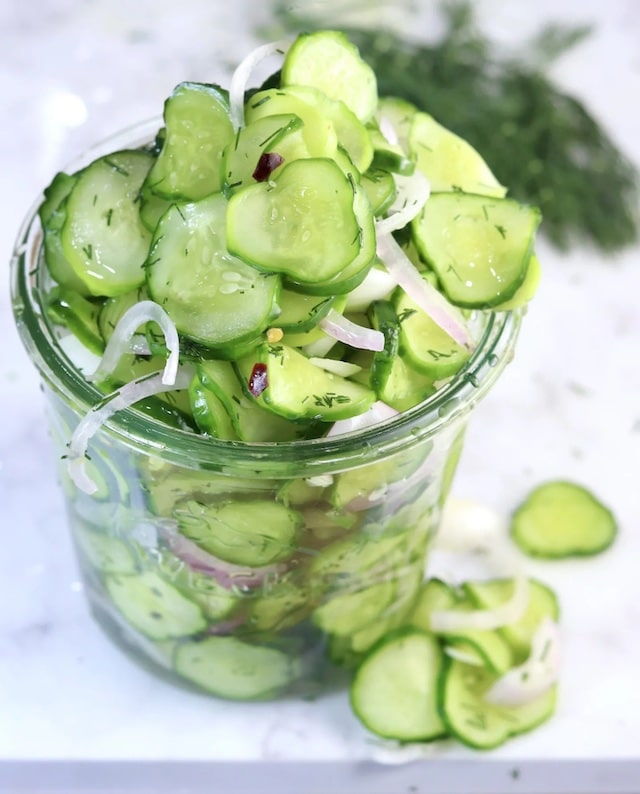 Cucumber onion salad in a jar.