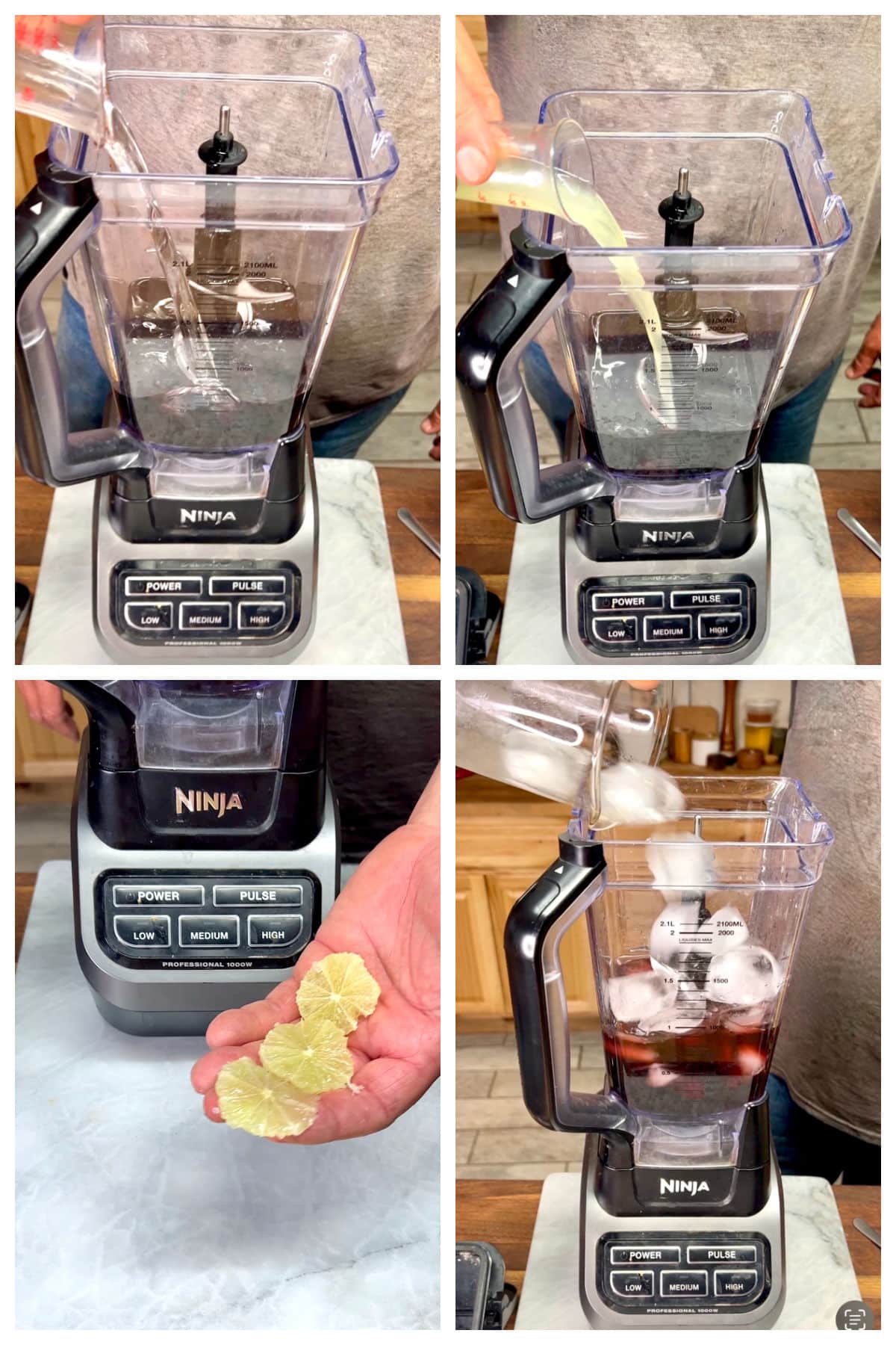 Collage making margaritas in a blender with limes.