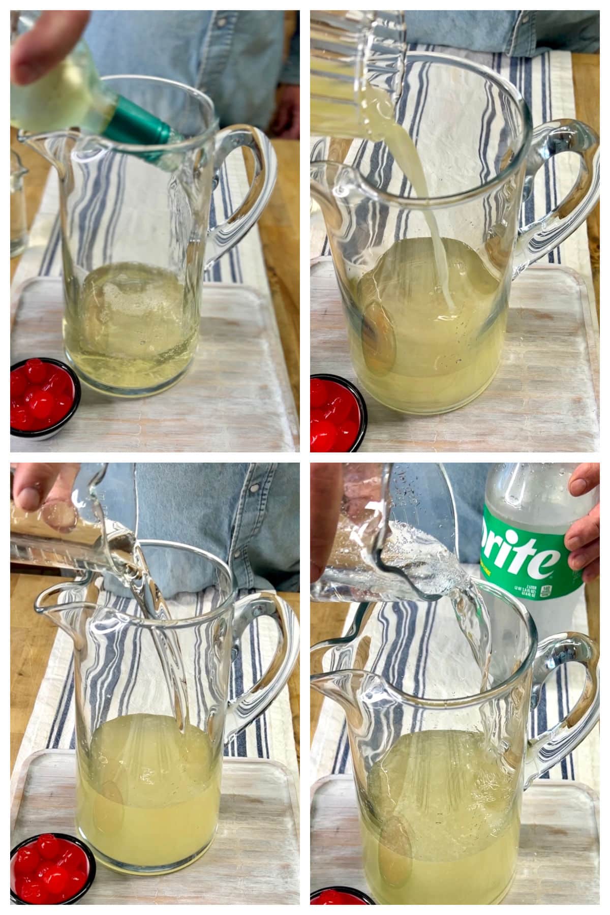 Collage making wine punch with lime juice and sprite.