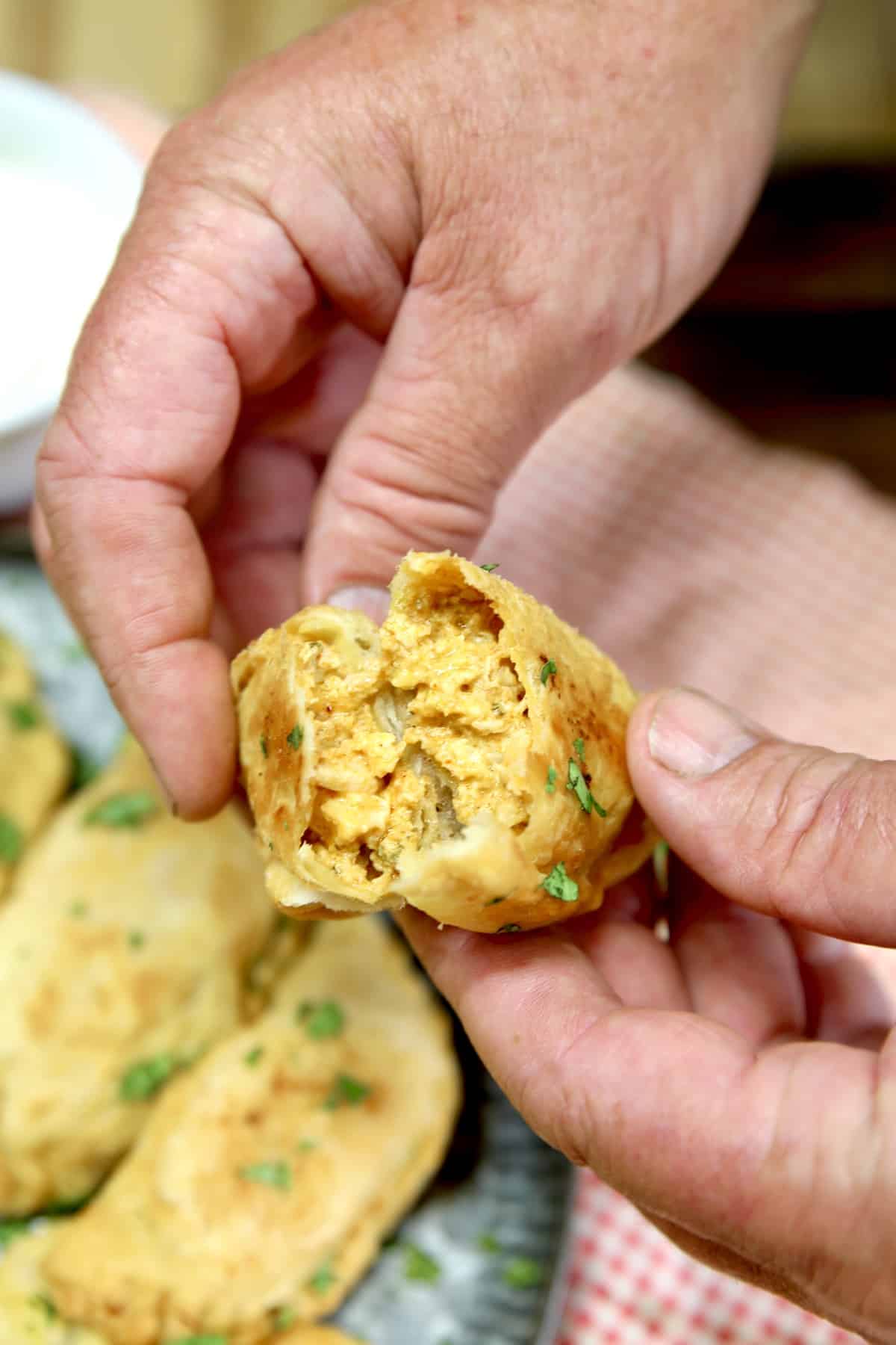 Chicken empanada cut in half, held in hands.