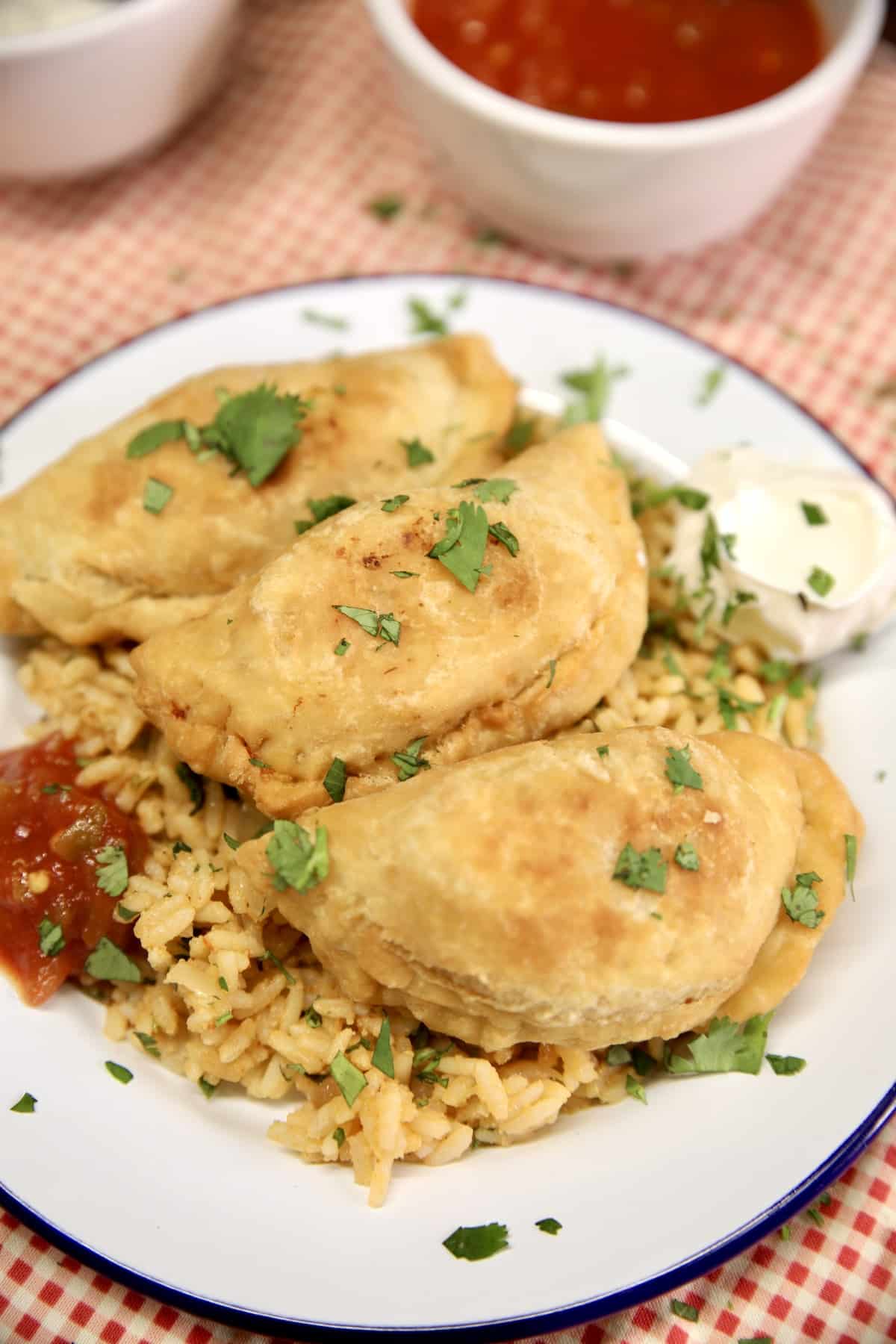 Plate of chicken empanadas and rice.
