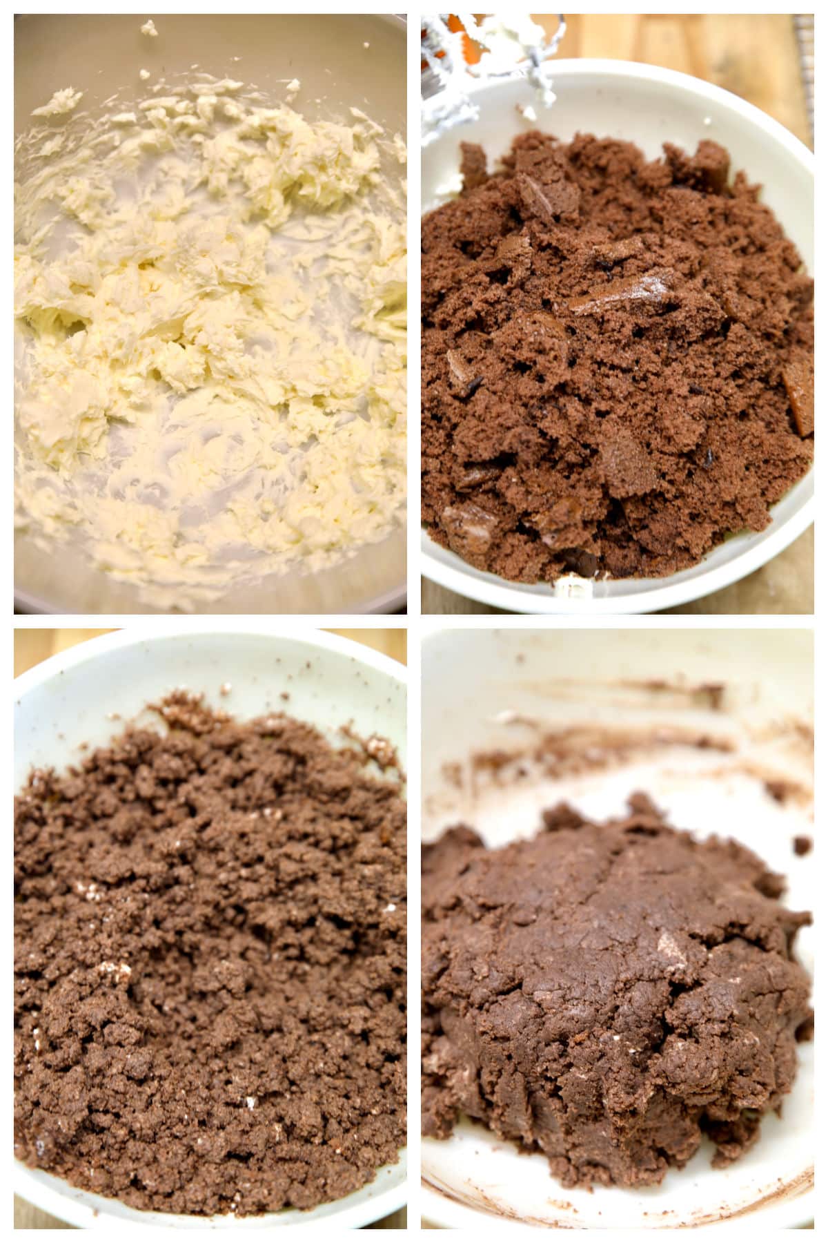 Collage making cake balls with cream cheese and chocolate cake.