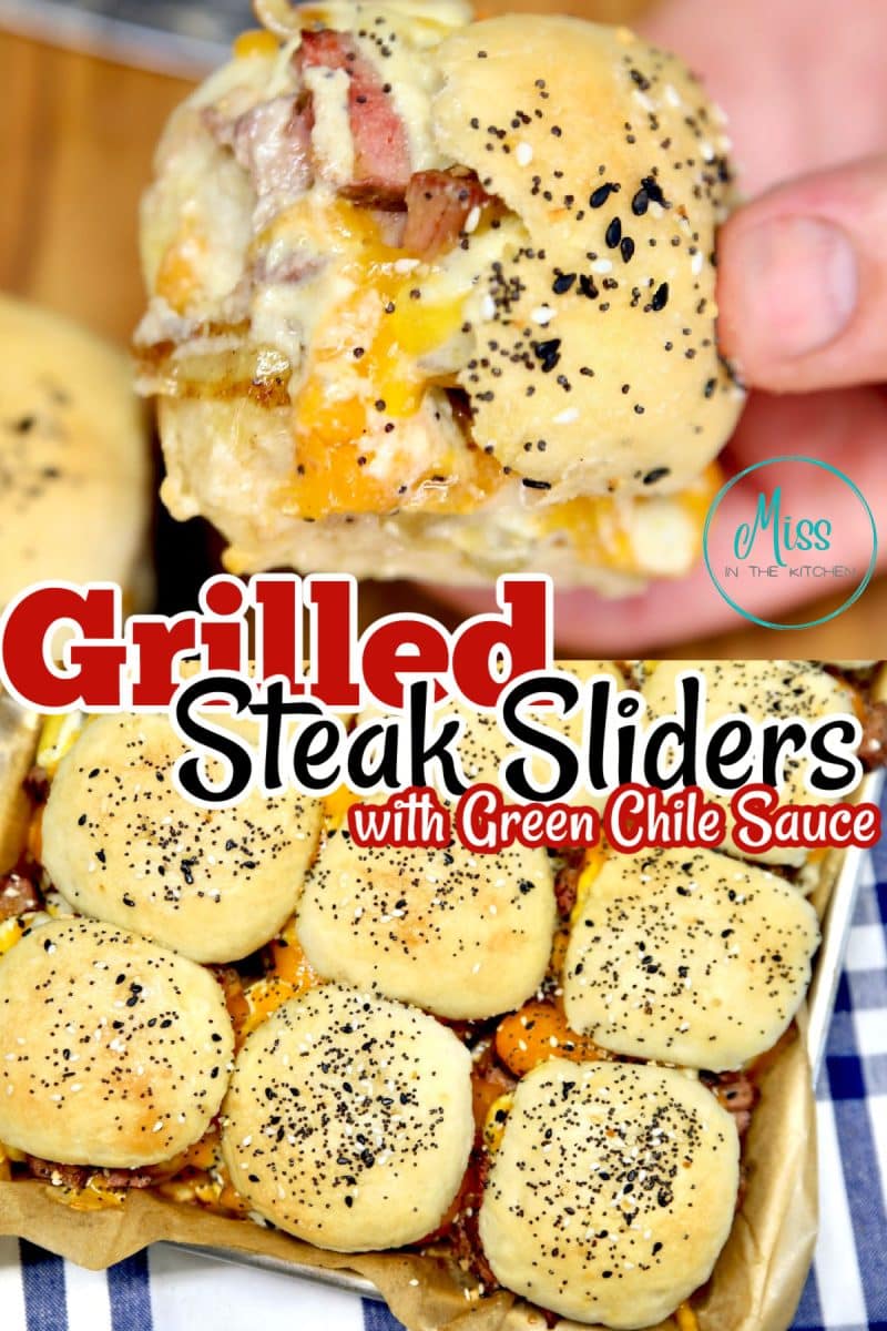 Grilled steak sliders collage: Held in hand/ in pan - text overlay.