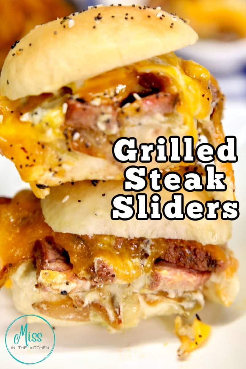 Stacked green chiles steak sliders. Text overlay.