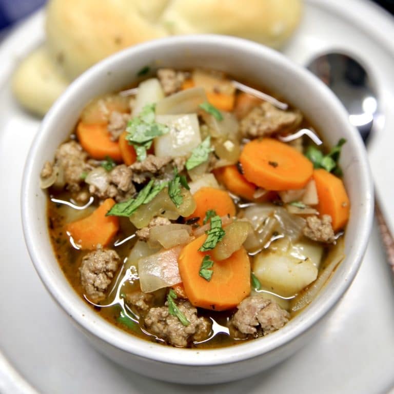 Bowl of hamburger vegetable soup.